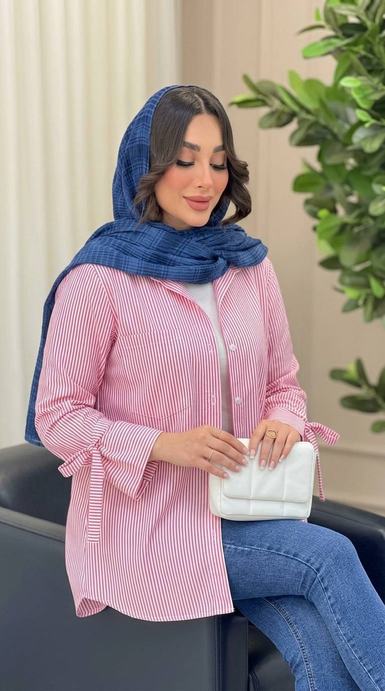شومیز راه راه آستین پاپیونی صورتی.فری سایز۳۸تا۴۶ طبق توضیحات